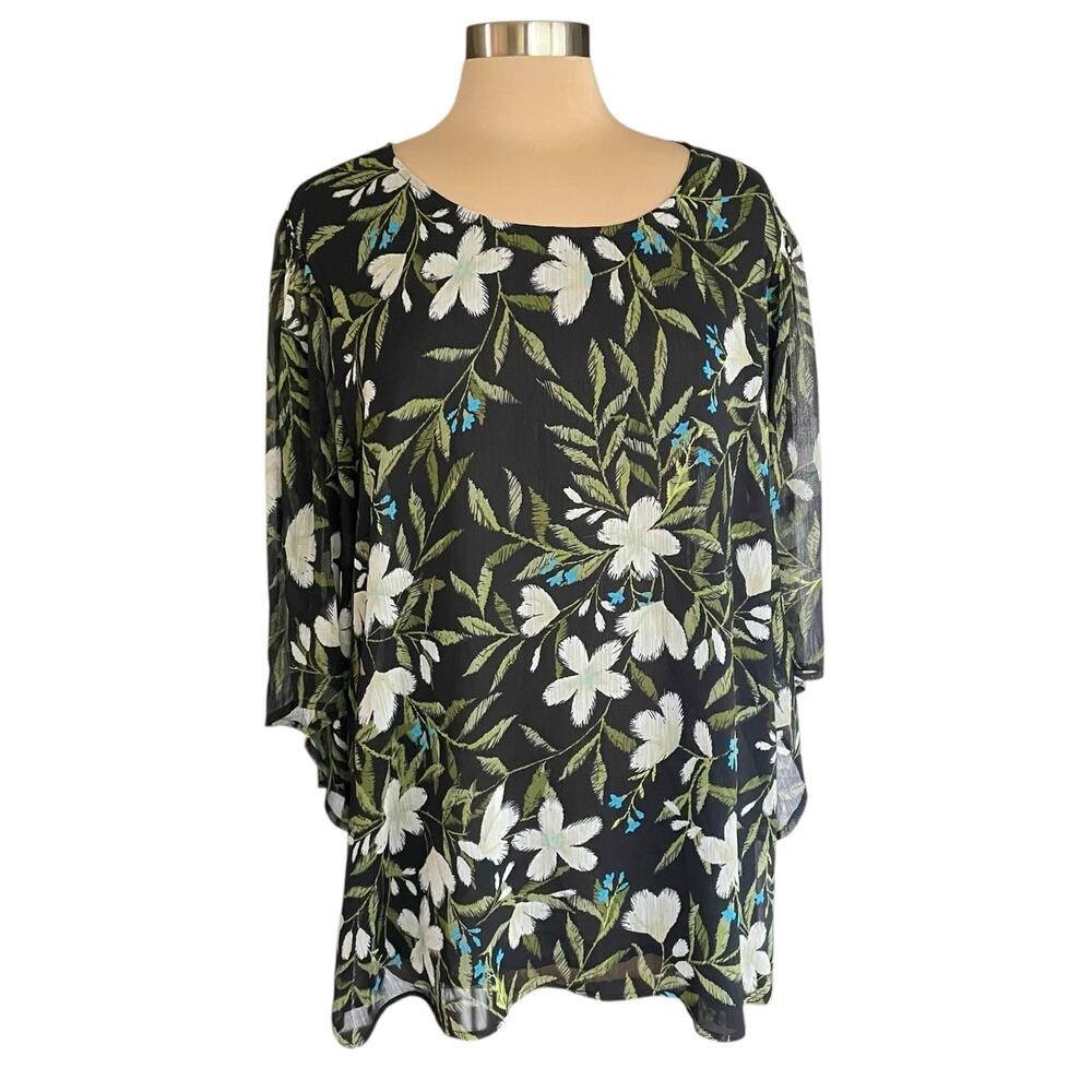 Bobeau Dark Floral Chiffon Blouse Womens Size 1X Bohemian Flowy Casual Office